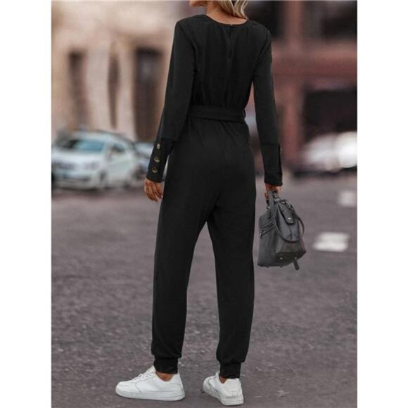 V-Neck Long Sleeve Tie Waist Jumpsuit - Picture 6 of 7